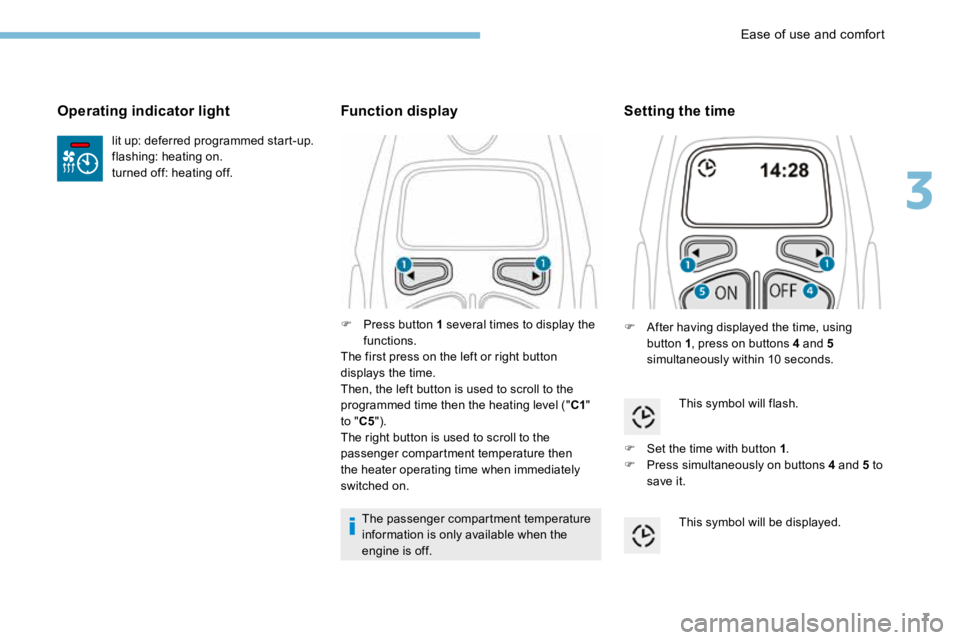 PEUGEOT 308 2017 Owners Manual 7
lit up: deferred programmed start-up.
flashing: heating on.
turned off: heating off.
Operating indicator light
F Press button 1 several times to display the
functions.
The first press on the left o PEUGEOT 308 2017 Owners Manual 7
lit up: deferred programmed start-up.
flashing: heating on.
turned off: heating off.
Operating indicator light
F Press button 1 several times to display the
functions.
The first press on the left o