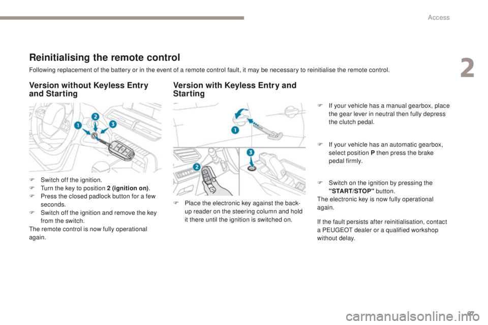 PEUGEOT 308 2017  Owners Manual 67
3008-2_en_Chap02_ouvertures_ed01-2016
Following replacement of the battery or in the event of a remote control fault, it may be necessary to reinitialise the remote control.
Version with Keyless En