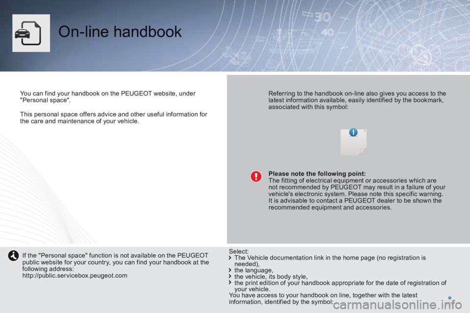 PEUGEOT 308 2014  Owners Manual 3008_EN_CHAP0A_COUV_DEBUT_ED01-2013
   This personal space offers advice and other useful information for the care and maintenance of your vehicle.   
 On-line  handbook  
  You can find your handbook