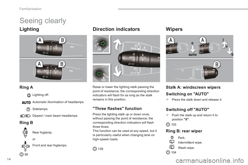 PEUGEOT 308 2014 User Guide 95
139
103
104
Familiarisation
14
 Seeing  clearly 
  Lighting 
  Ring  A 
 Lighting  off. 
  Ring  B 
 Sidelamps. 
 Dipped / main beam headlamps.  
 Rear  foglamp. 
 or 
 Front  and  rear  foglamps. 