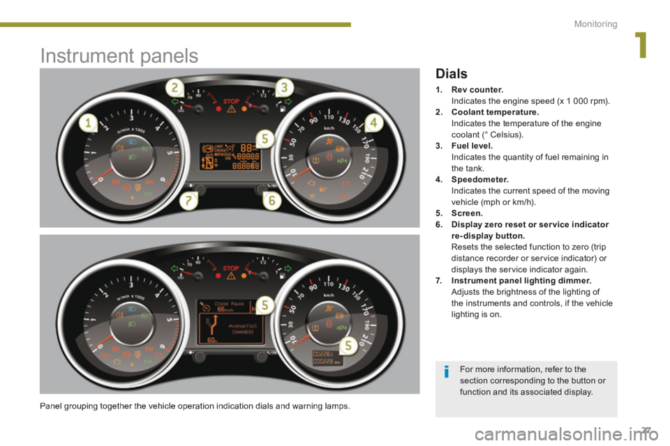 PEUGEOT 308 2014 Owners Manual 1
Monitoring27
Instrument panels
Panel grouping together the vehicle operation indication dials and warning lamps.
Dials
1. Rev counter. Indicates the engine spe PEUGEOT 308 2014 Owners Manual 1
Monitoring27
Instrument panels
Panel grouping together the vehicle operation indication dials and warning lamps.
Dials
1. Rev counter. Indicates the engine spe