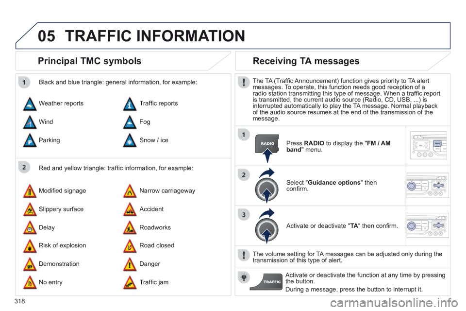 PEUGEOT 308 2014  Owners Manual 05
318
Principal TMC symbols 
  Red and yellow triangle: trafﬁ c information, for example: 
  Black and blue triangle: general information, for example: 
 Weather  reports 
 Modiﬁ ed signage 
 Ris