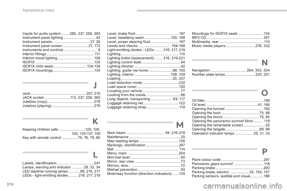 PEUGEOT 308 2014  Owners Manual Alphabetical index
374
Keeping children safe ..........................125, 126,13 0, 13 5 -137, 15 0Key with remote control ................75, 76, 78, 80
Labels, identification .....................