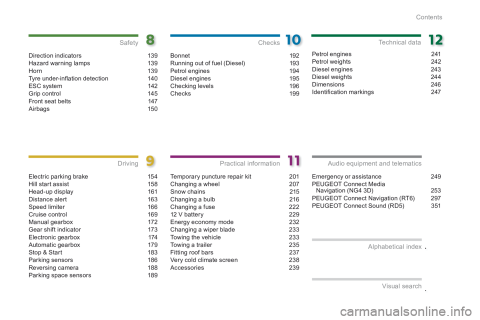 PEUGEOT 308 2014  Owners Manual .
.
Contents
Direction indicators 139Hazard warning lamps 139H or n 13 9Tyre under-inﬂ ation detection 140ESC system  142Grip control 145Front seat belts  147Airbags 150
Safety
Electric parking brak
