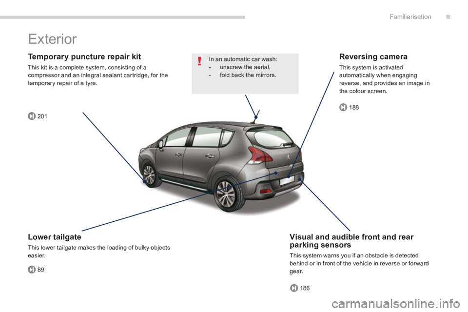 PEUGEOT 308 2014  Owners Manual .
89
201
186
188
Familiarisation5
 Exterior  
  Temporary puncture repair kit 
 This kit is a complete system, consisting of a compressor and an integral sealant cartridge, for the temporary repair of