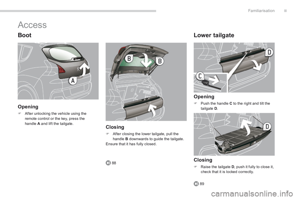 PEUGEOT 308 2014  Owners Manual .
88
89
Familiarisation7
 Access 
  Boot 
  Opening 
   After unlocking the vehicle using the remote control or the key, press the handle  A  and lift the tailgate.     Closing 
   After closing