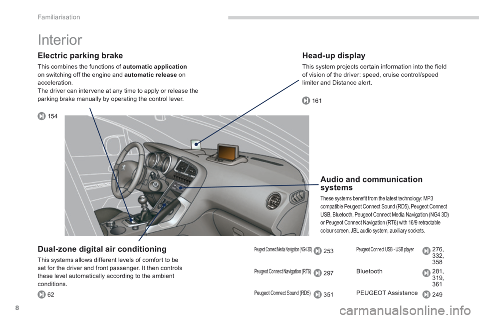 PEUGEOT 308 2014  Owners Manual 154
161
62
253
297
351
276,
332,
358
281,
319,
361
249
Familiarisation
8
 Interior  
  Electric  parking  brake 
 This combines the functions of  automatic applicationon switching off the engine and  