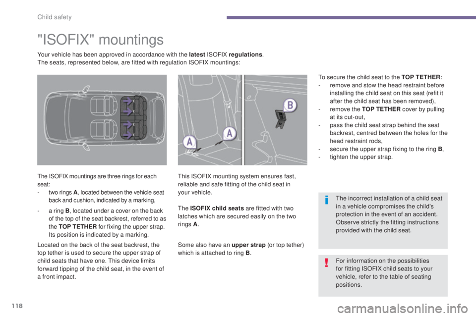 PEUGEOT 308 2016  Owners Manual 118
3008_en_Chap06_securite-enfants_ed01-2015
"ISOFIX" mountings
The ISOFIX mountings are three rings for each 
seat:
-
 t
wo rings A, located between the vehicle seat 
back and cushion, indic