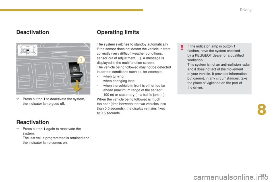 PEUGEOT 308 2016 Owners Manual 151
3008_en_Chap08_conduite_ed01-2015
Deactivation
Reactivation
F Press button 1 again to reactivate the system.
T
he last value programmed is retained and
the indicator lamp comes on.
Operating li PEUGEOT 308 2016 Owners Manual 151
3008_en_Chap08_conduite_ed01-2015
Deactivation
Reactivation
F Press button 1 again to reactivate the system.
T
he last value programmed is retained and
the indicator lamp comes on.
Operating li