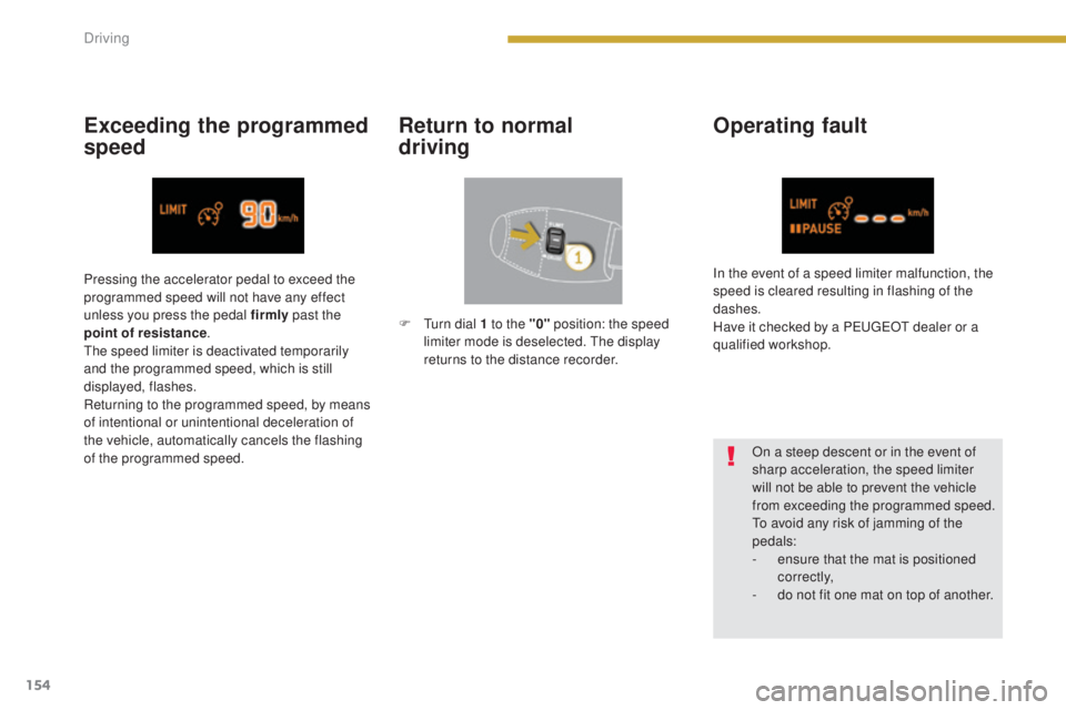 PEUGEOT 308 2016 Owners Manual 154
3008_en_Chap08_conduite_ed01-2015
Operating fault
On a steep descent or in the event of
sharp acceleration, the speed limiter
will not be able to prevent the vehicle
from exceeding the programm PEUGEOT 308 2016 Owners Manual 154
3008_en_Chap08_conduite_ed01-2015
Operating fault
On a steep descent or in the event of
sharp acceleration, the speed limiter
will not be able to prevent the vehicle
from exceeding the programm