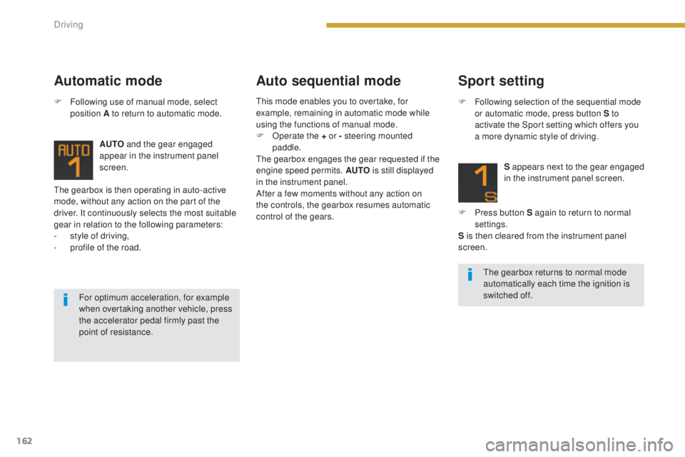 PEUGEOT 308 2016 Owners Manual 162
3008_en_Chap08_conduite_ed01-2015
The gearbox is then operating in auto-active
mode, without any action on the part of the
driver. It continuously selects the most suitable
gear in relation to PEUGEOT 308 2016 Owners Manual 162
3008_en_Chap08_conduite_ed01-2015
The gearbox is then operating in auto-active
mode, without any action on the part of the
driver. It continuously selects the most suitable
gear in relation to