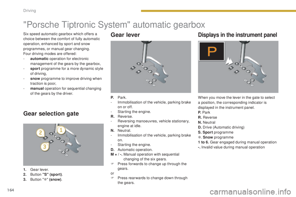 PEUGEOT 308 2016 Owners Manual 164
3008_en_Chap08_conduite_ed01-2015
"Porsche Tiptronic System" automatic gearbox
Gear lever
P. Park.
- I mmobilisation of the vehicle, parking brake
on or off.
-
S
tarting the engine.
R. PEUGEOT 308 2016 Owners Manual 164
3008_en_Chap08_conduite_ed01-2015
"Porsche Tiptronic System" automatic gearbox
Gear lever
P. Park.
- I mmobilisation of the vehicle, parking brake
on or off.
-
S
tarting the engine.
R.