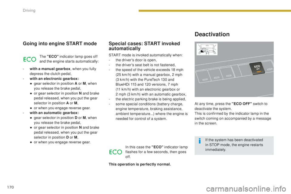 PEUGEOT 308 2016 Owners Manual 170
3008_en_Chap08_conduite_ed01-2015
Going into engine START mode
The "ECO" indicator lamp goes off
and the engine starts automatically:
-
w
ith a manual gearbox , when you fully
depress PEUGEOT 308 2016 Owners Manual 170
3008_en_Chap08_conduite_ed01-2015
Going into engine START mode
The "ECO" indicator lamp goes off
and the engine starts automatically:
-
w
ith a manual gearbox , when you fully
depress
