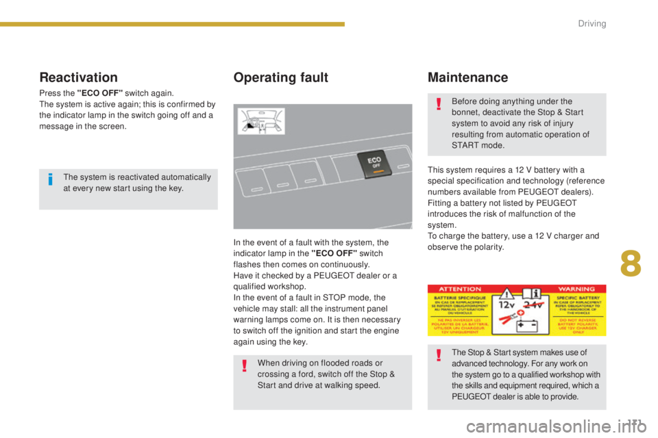 PEUGEOT 308 2016  Owners Manual 171
3008_en_Chap08_conduite_ed01-2015
Reactivation
Press the "ECO OFF" switch again.
The system is active again; this is confirmed by 
the indicator lamp in the switch going off and a 
message