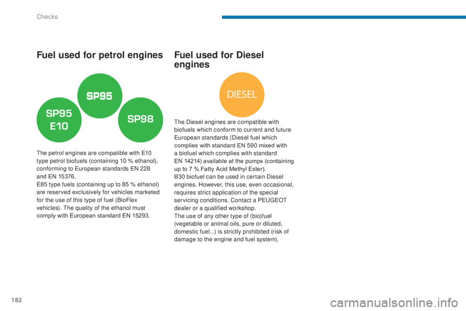 PEUGEOT 308 2016  Owners Manual DIESEL
182
3008_en_Chap09_verifications_ed01-2015
Fuel used for petrol engines
The petrol engines are compatible with E10 
type petrol biofuels (containing 10 % ethanol), 
conforming to European stand