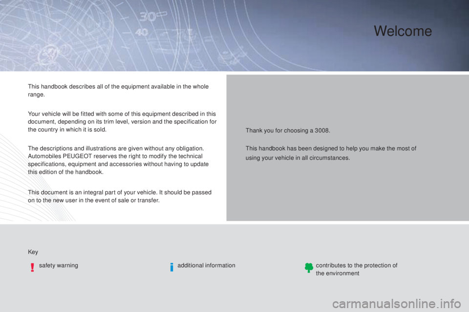 PEUGEOT 308 2016  Owners Manual Welcome
Thank you for choosing a 3008.
Key safety warning additional informationcontributes to the protection of 
the
 

environment
This handbook describes all of the equipment available in the whole