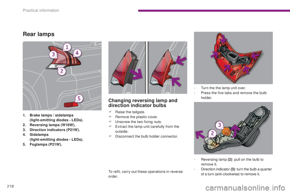 PEUGEOT 308 2016  Owners Manual 218
3008_en_Chap10_infos-pratiques_ed01-2015
Rear lamps
1. Brake lamps  / sidelamps  (
light-emitting diodes - LEDs).
2.
 
R
 eversing lamps (W16W).
3.
 D

irection indicators (P21W).
4.
 
S
 idelamps