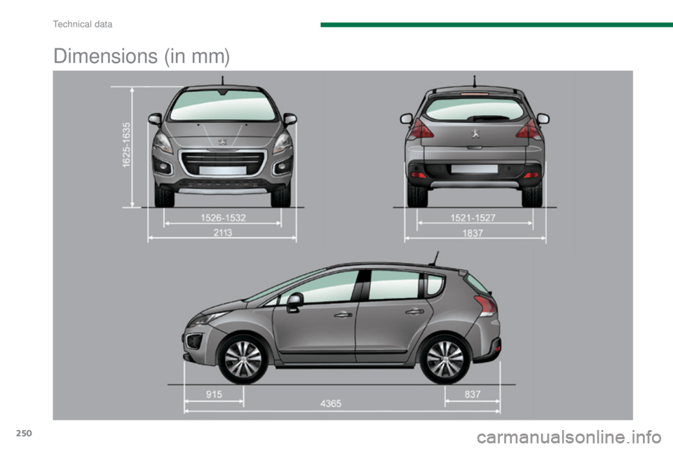 PEUGEOT 308 2016 Owners Manual 250
3008_en_Chap11_caracteristiques_ed01-2015
Dimensions (in mm)
Technical data PEUGEOT 308 2016 Owners Manual 250
3008_en_Chap11_caracteristiques_ed01-2015
Dimensions (in mm)
Technical data