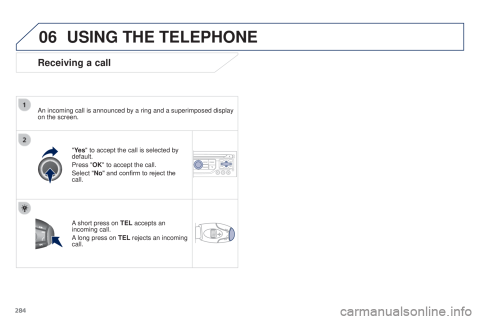 PEUGEOT 308 2016 Owners Manual 06
284
3008_en_Chap12b_RT6-2-8_ed01-2015
USING THE TELEPHONE
Receiving a call
An incoming call is announced by a ring and a superimposed display
on the screen."Ye s" to accept the call is sel PEUGEOT 308 2016 Owners Manual 06
284
3008_en_Chap12b_RT6-2-8_ed01-2015
USING THE TELEPHONE
Receiving a call
An incoming call is announced by a ring and a superimposed display
on the screen."Ye s" to accept the call is sel