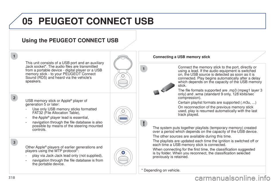PEUGEOT 308 2016 Owners Manual 05
318
3008_en_Chap12c_RD45_ed01_2015
PEUGEOT CONNECT USB
The system puts together playlists (temporary memory) created
over a period which depends on the capacity of the USB device.
The other source PEUGEOT 308 2016 Owners Manual 05
318
3008_en_Chap12c_RD45_ed01_2015
PEUGEOT CONNECT USB
The system puts together playlists (temporary memory) created
over a period which depends on the capacity of the USB device.
The other source