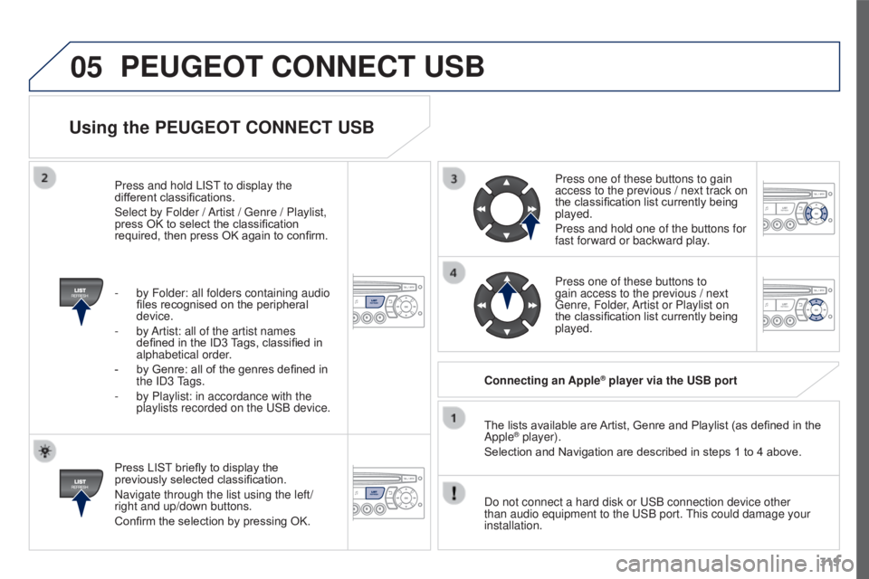 PEUGEOT 308 2016  Owners Manual 05
319
3008_en_Chap12c_RD45_ed01_2015
Using the PEUGEOT CONNECT USB
Press LIST briefly to display the 
previously selected classification.
Navigate through the list using the left/
right and up/down b