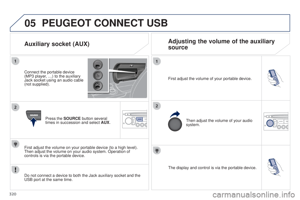 PEUGEOT 308 2016  Owners Manual 05
320
3008_en_Chap12c_RD45_ed01_2015
The display and control is via the portable device.
First adjust the volume of your portable device.
Then adjust the volume of your audio 
system.
Auxiliary socke
