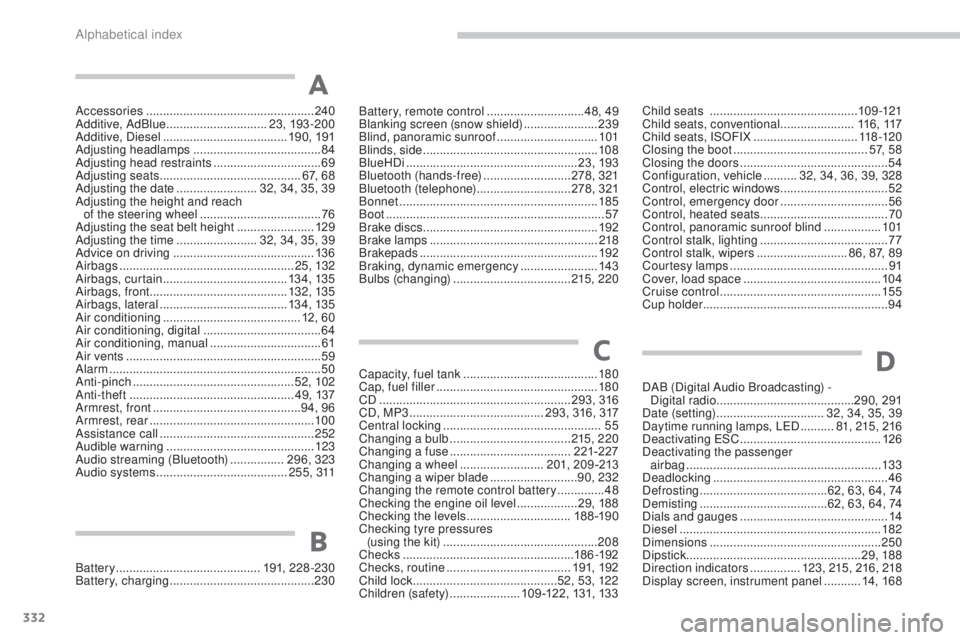 PEUGEOT 308 2016  Owners Manual 332
3008_en_Chap13_index-alpha_ed01-2015
Accessories .................................................. 240
Additive, AdBlue  .............................. 23, 193 -200
Additive, Diesel
 

..........