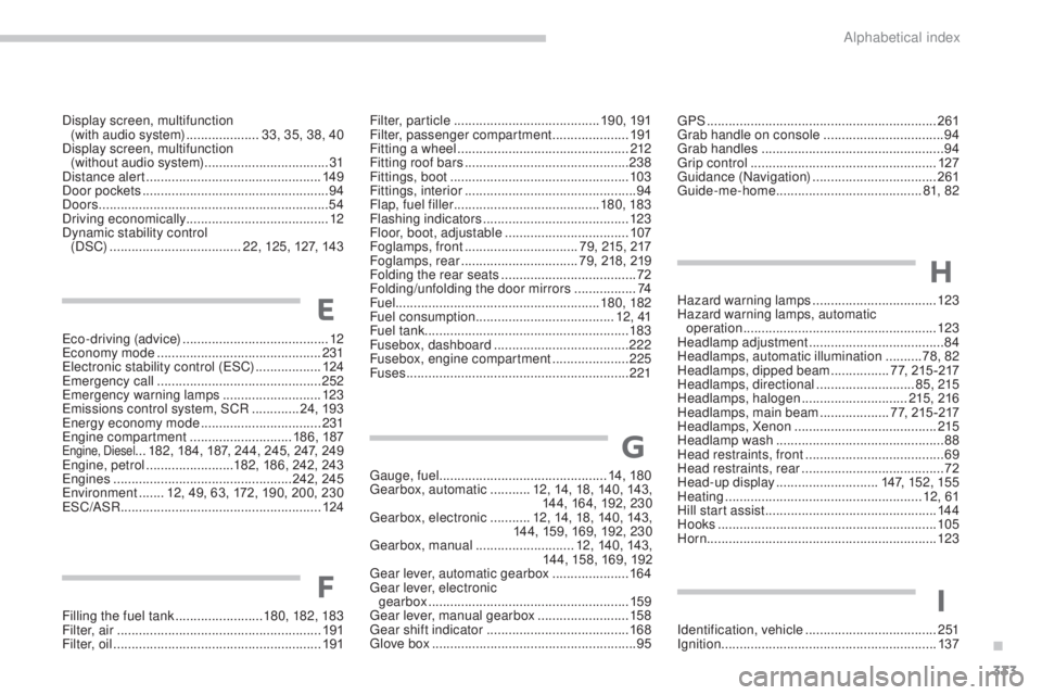 PEUGEOT 308 2016  Owners Manual 333
3008_en_Chap13_index-alpha_ed01-2015
Eco-driving (advice) ........................................ 12
Economy mode  ............................................. 231
Electronic stability control (