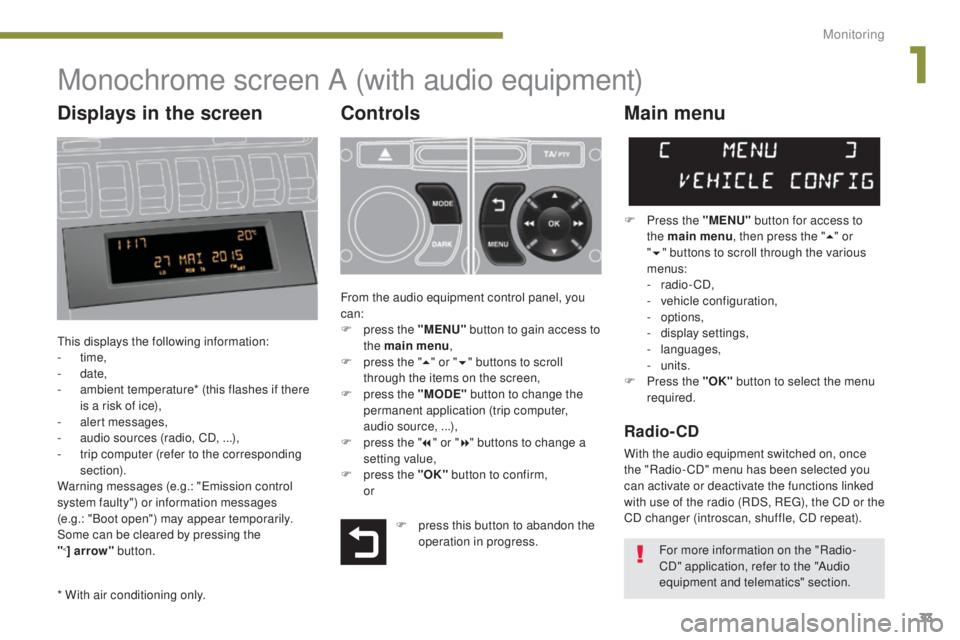 PEUGEOT 308 2016 Owners Guide 33
3008_en_Chap01_controle-marche_ed01-2015
Monochrome screen A (with audio equipment)
Controls
This displays the following information:
-  time,
-
 

date,
-
 
a
 mbient temperature* (this flashes if