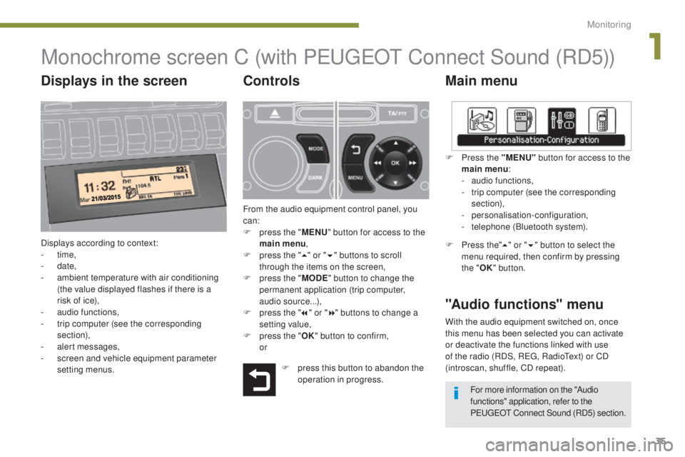 PEUGEOT 308 2016 Owners Guide 35
3008_en_Chap01_controle-marche_ed01-2015
Monochrome screen C (with PEUGEOT Connect Sound (RD5))
Main menu
Displays according to context:
-  time,
-
 

date,
-
 
a
 mbient temperature with air condi