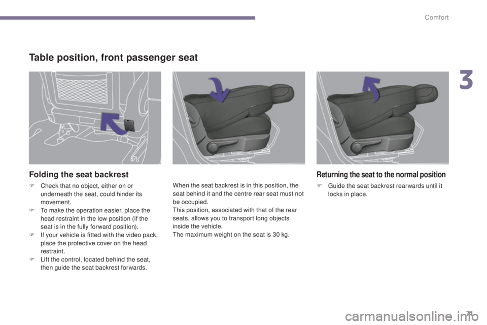 PEUGEOT 308 2016 Manual PDF 71
3008_en_Chap03_confort_ed01-2015
Folding the seat backrest
F Check that no object, either on or underneath the seat, could hinder its
movement.
F
T
o make the operation easier, place the
head PEUGEOT 308 2016 Manual PDF 71
3008_en_Chap03_confort_ed01-2015
Folding the seat backrest
F Check that no object, either on or underneath the seat, could hinder its
movement.
F
T
o make the operation easier, place the
head