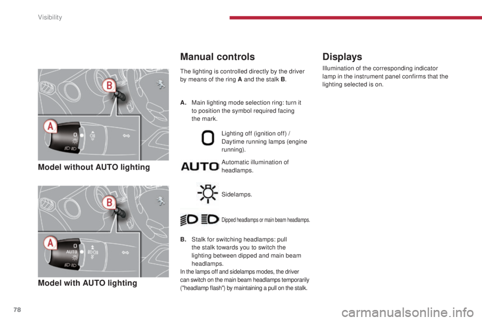 PEUGEOT 308 2016 Manual PDF 78
3008_en_Chap04_visibilite_ed01-2015
Model without AUTO lighting
Model with AUTO lighting
The lighting is controlled directly by the driver
by means of the ring A and the stalk B.
B.
S
talk for s PEUGEOT 308 2016 Manual PDF 78
3008_en_Chap04_visibilite_ed01-2015
Model without AUTO lighting
Model with AUTO lighting
The lighting is controlled directly by the driver
by means of the ring A and the stalk B.
B.
S
talk for s