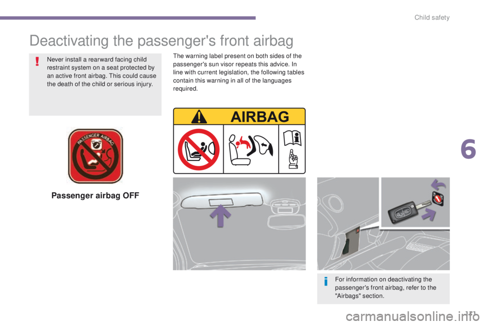 PEUGEOT 308 2015 Owners Manual 111
Passenger airbag OFF
For information on deactivating the
passenger's front airbag, refer to the
"Airbags" section.
Never install a rear ward facing child
restraint system on a seat PEUGEOT 308 2015 Owners Manual 111
Passenger airbag OFF
For information on deactivating the
passenger's front airbag, refer to the
"Airbags" section.
Never install a rear ward facing child
restraint system on a seat