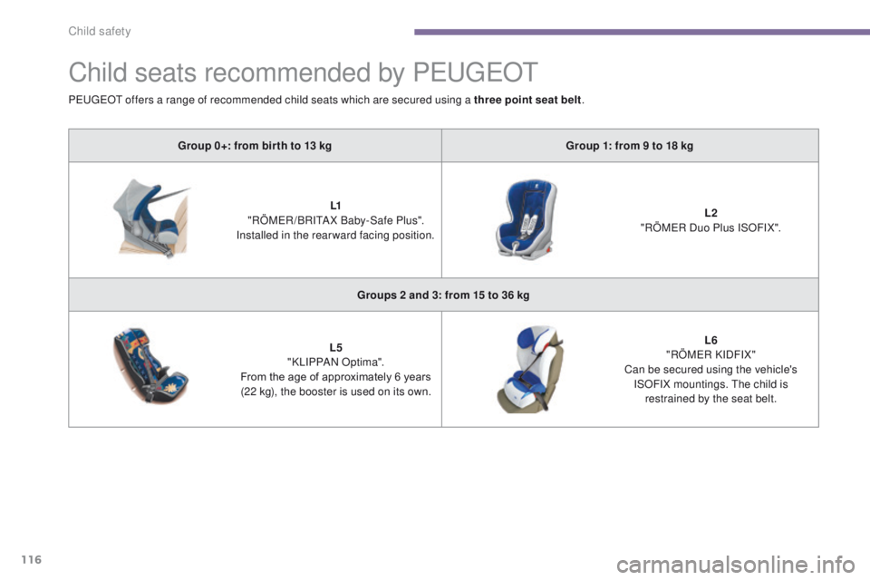 PEUGEOT 308 2015 Owners Manual 116
Child seats recommended by PEUGEOT
Group 0+: from bir th to 13 kgGroup 1: from 9 to 18 kg
L1
"RÖMER /BRITA X Baby-Safe Plus".
Installed in the rearward facing position. L2
"RÖME PEUGEOT 308 2015 Owners Manual 116
Child seats recommended by PEUGEOT
Group 0+: from bir th to 13 kgGroup 1: from 9 to 18 kg
L1
"RÖMER /BRITA X Baby-Safe Plus".
Installed in the rearward facing position. L2
"RÖME