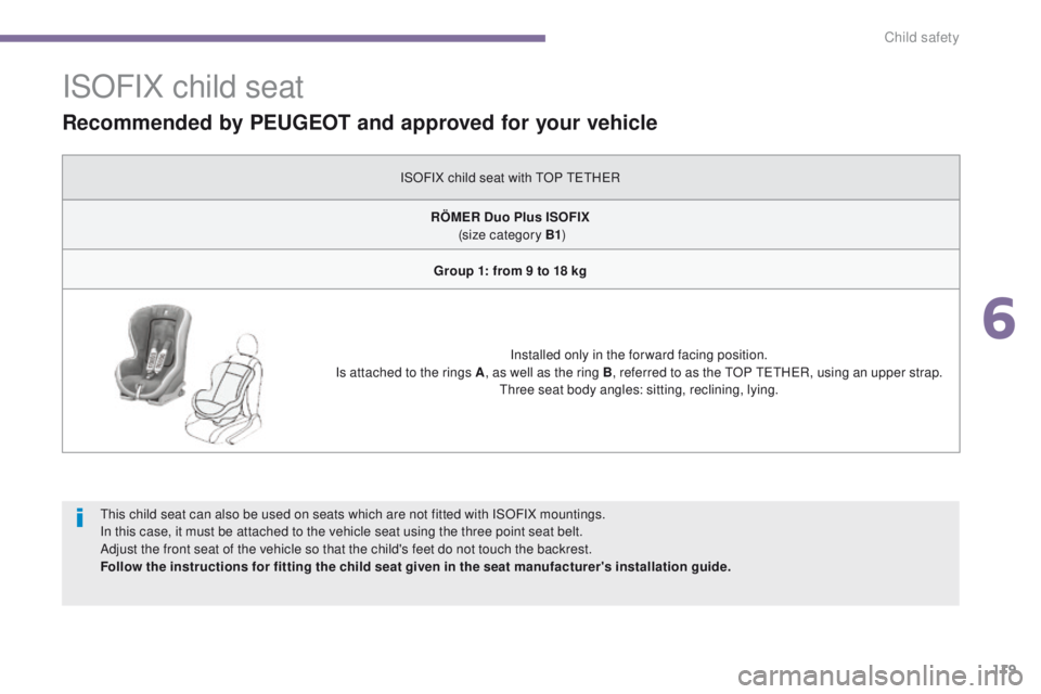 PEUGEOT 308 2015 Owners Manual 119
ISOFIX child seat
This child seat can also be used on seats which are not fitted with ISOFIX mountings.
In this case, it must be attached to the vehicle seat using the three point seat belt.
Adjus PEUGEOT 308 2015 Owners Manual 119
ISOFIX child seat
This child seat can also be used on seats which are not fitted with ISOFIX mountings.
In this case, it must be attached to the vehicle seat using the three point seat belt.
Adjus