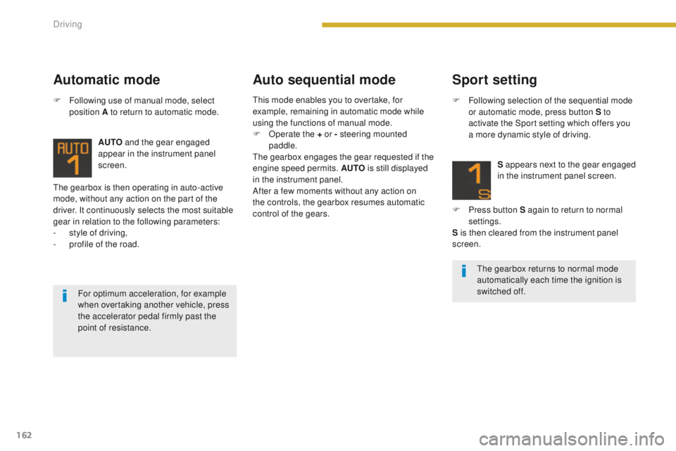 PEUGEOT 308 2015 Owners Manual 162
The gearbox is then operating in auto-active
mode, without any action on the part of the
driver. It continuously selects the most suitable
gear in relation to the following parameters:
-
s
ty PEUGEOT 308 2015 Owners Manual 162
The gearbox is then operating in auto-active
mode, without any action on the part of the
driver. It continuously selects the most suitable
gear in relation to the following parameters:
-
s
ty