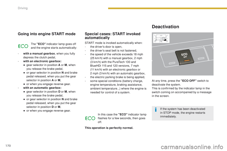PEUGEOT 308 2015 Owners Manual 170
Going into engine START mode
The "ECO" indicator lamp goes off
and the engine starts automatically:
-
w
ith a manual gearbox , when you fully
depress the clutch pedal,
-
w
ith an e PEUGEOT 308 2015 Owners Manual 170
Going into engine START mode
The "ECO" indicator lamp goes off
and the engine starts automatically:
-
w
ith a manual gearbox , when you fully
depress the clutch pedal,
-
w
ith an e