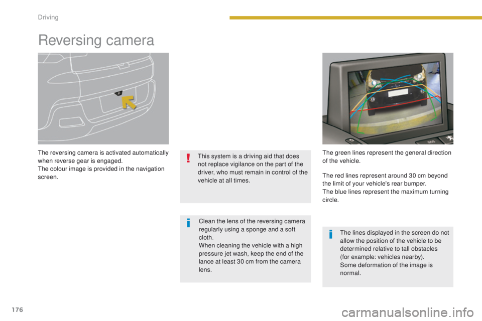 PEUGEOT 308 2015 Owners Manual 176
Reversing camera
The reversing camera is activated automatically
when reverse gear is engaged.
The colour image is provided in the navigation
screen.This system is a driving aid that does
not r PEUGEOT 308 2015 Owners Manual 176
Reversing camera
The reversing camera is activated automatically
when reverse gear is engaged.
The colour image is provided in the navigation
screen.This system is a driving aid that does
not r