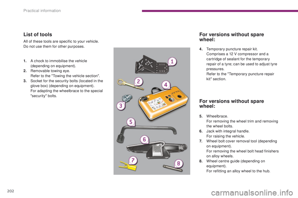 PEUGEOT 308 2015 Owners Manual 202
List of tools
All of these tools are specific to your vehicle.
Do not use them for other purposes.
1.
A c
hock to immobilise the vehicle
(depending on equipment).
2.
R
emovable towing eye.
R PEUGEOT 308 2015 Owners Manual 202
List of tools
All of these tools are specific to your vehicle.
Do not use them for other purposes.
1.
A c
hock to immobilise the vehicle
(depending on equipment).
2.
R
emovable towing eye.
R