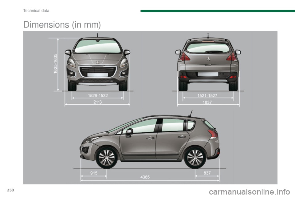 PEUGEOT 308 2015 Owners Manual 250
Dimensions (in mm)
Technical data PEUGEOT 308 2015 Owners Manual 250
Dimensions (in mm)
Technical data