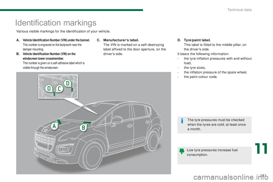 PEUGEOT 308 2015 Owners Manual 251
Identification markings
A. Vehicle Identification Number (VIN) under the bonnet. T
his number is engraved on the bodywork near the
damper mounting.
B. Vehicle identification Number (VIN) on the PEUGEOT 308 2015 Owners Manual 251
Identification markings
A. Vehicle Identification Number (VIN) under the bonnet. T
his number is engraved on the bodywork near the
damper mounting.
B. Vehicle identification Number (VIN) on the