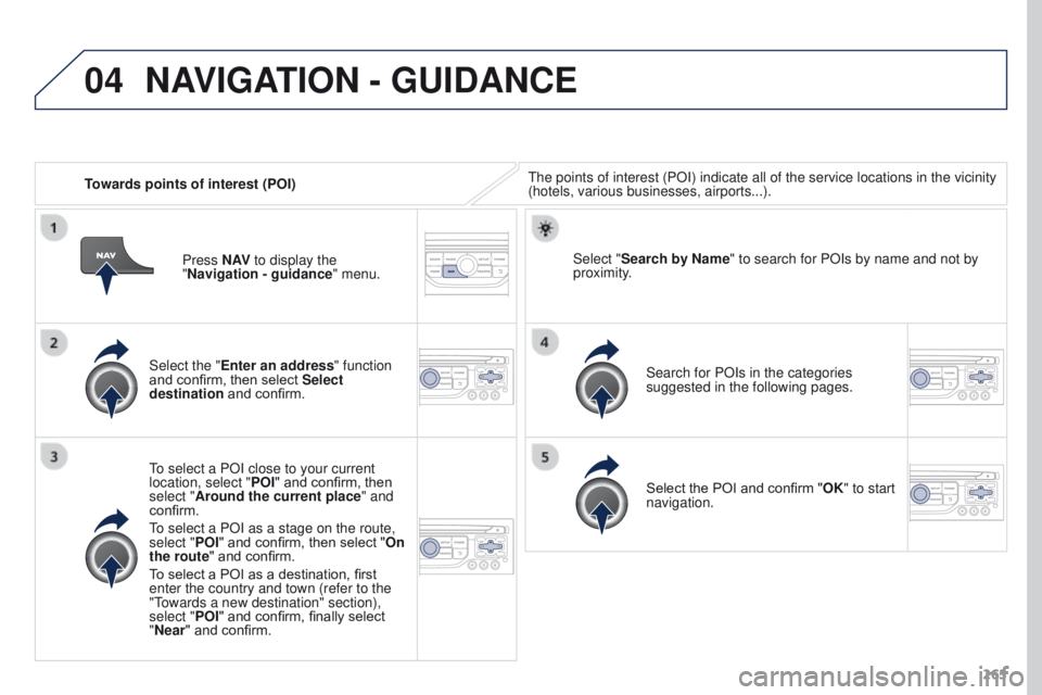 PEUGEOT 308 2015 Owners Manual 04
265
Towards points of interest (POI)
The points of interest (POI) indicate all of the service locations in \
the vicinity
(hotels, various businesses, airports...).
Select the "Enter an addres PEUGEOT 308 2015 Owners Manual 04
265
Towards points of interest (POI)
The points of interest (POI) indicate all of the service locations in \
the vicinity
(hotels, various businesses, airports...).
Select the "Enter an addres