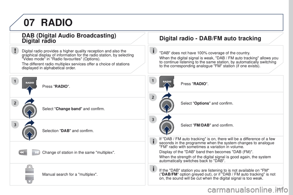 PEUGEOT 308 2015 Owners Manual 07
291
RADIO
Press "RADIO".
DAB (Digital Audio Broadcasting)
Digital radio
Digital radio provides a higher quality reception and also the
graphical display of information for the radio stati PEUGEOT 308 2015 Owners Manual 07
291
RADIO
Press "RADIO".
DAB (Digital Audio Broadcasting)
Digital radio
Digital radio provides a higher quality reception and also the
graphical display of information for the radio stati