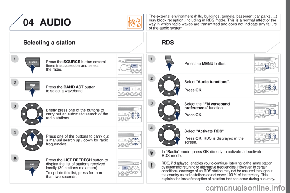 PEUGEOT 308 2015 Owners Manual 04
315
AUDIO
Press the SOURCE button several
times in succession and select
the radio.
Press the BAND AST button
to
select a waveband.
Briefly press one of the buttons to
carry out an automatic PEUGEOT 308 2015 Owners Manual 04
315
AUDIO
Press the SOURCE button several
times in succession and select
the radio.
Press the BAND AST button
to
select a waveband.
Briefly press one of the buttons to
carry out an automatic