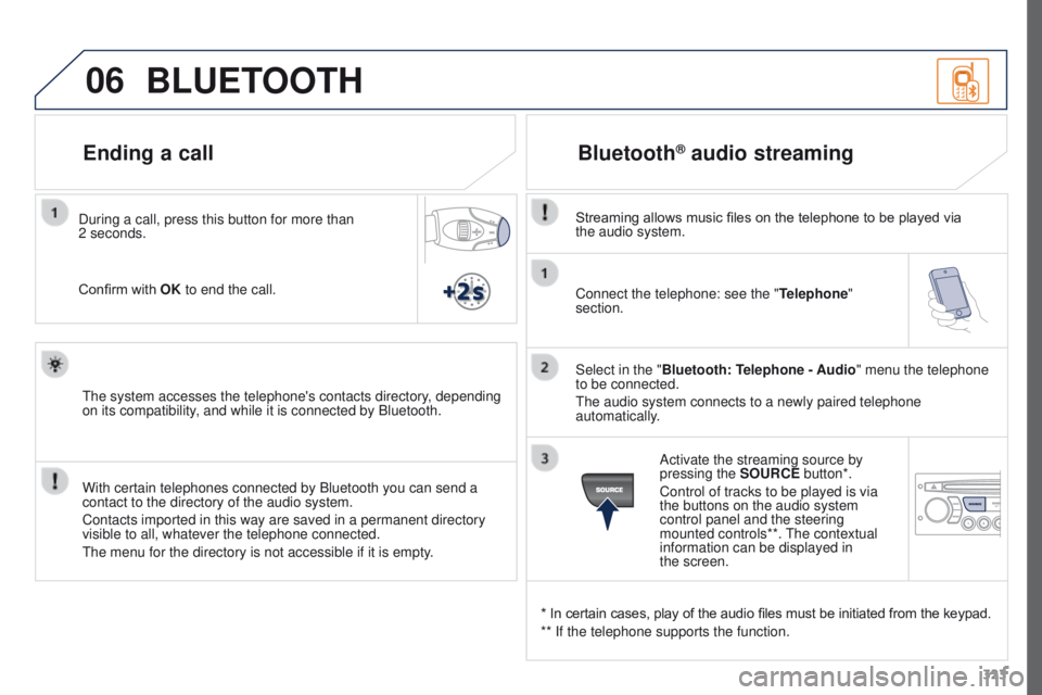PEUGEOT 308 2015 Owners Manual 06
323
Connect the telephone: see the "
Telephone"
section.
Select in the "Bluetooth: Telephone - Audio" menu the telephone
to be connected.
The audio system connects to a newly pair PEUGEOT 308 2015 Owners Manual 06
323
Connect the telephone: see the "
Telephone"
section.
Select in the "Bluetooth: Telephone - Audio" menu the telephone
to be connected.
The audio system connects to a newly pair
