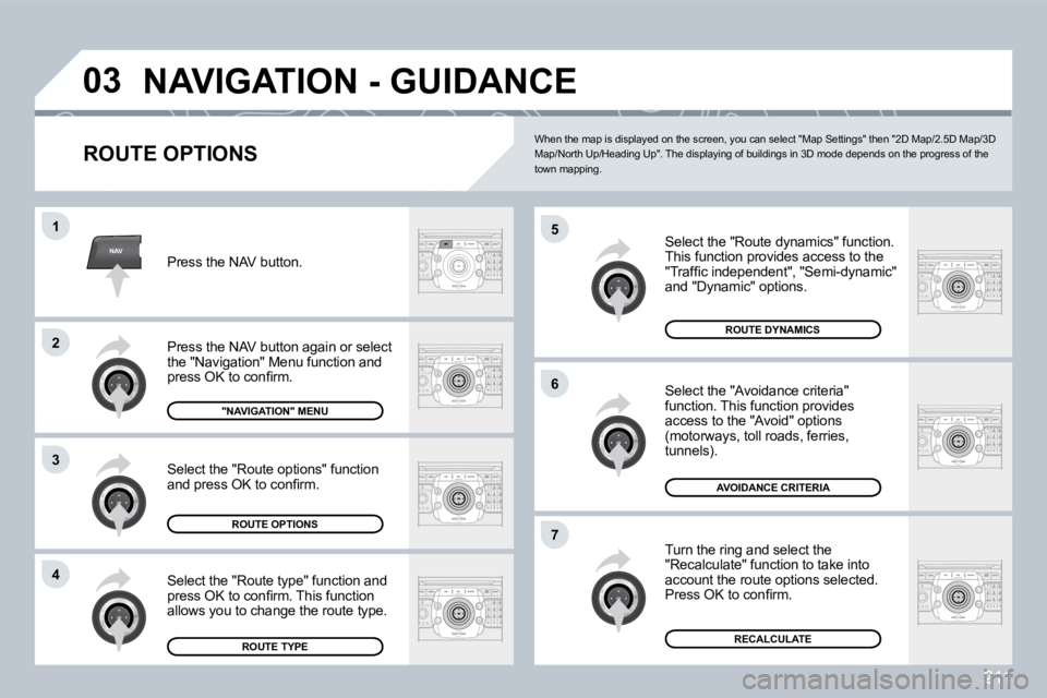 PEUGEOT 3008 DAG 2009  Owners Manual 211
NAV
03
5
�6
�7
1
�2
3
�4
� �N�A�V�I�G�A�T�I�O�N� �-� �G�U�I�D�A�N�C�E� 
  ROUTE OPTIONS 
 Select the "Route dynamics" function.  This function provides access to the �"�T�r�a�f�ﬁ� �c� �i�n�d