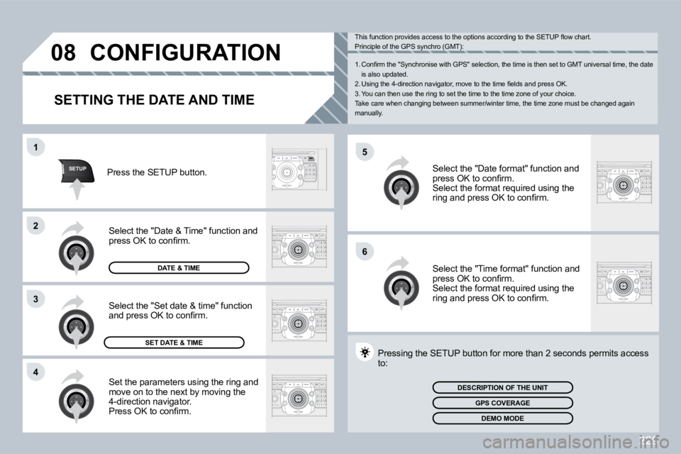 PEUGEOT 3008 DAG 2009  Owners Manual �2�2�9
5
�6
SETUP
1
�2
3
�4
�0�8CONFIGURATION 
  SETTING THE DATE AND TIME 
� �S�e�t� �t�h�e� �p�a�r�a�m�e�t�e�r�s� �u�s�i�n�g� �t�h�e� �r�i�n�g� �a�n�d� �m�o�v�e� �o�n� �t�o� �t�h�e� �n�e�x�t� �b�y� 