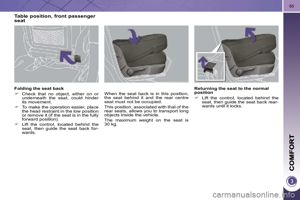 PEUGEOT 3008 DAG 2009 Service Manual 65
� � �F�o�l�d�i�n�g� �t�h�e� �s�e�a�t� �b�a�c�k�  
   
�    Check  that  no  object,  either  on  or 
underneath  the  seat,  could  hinder  
its movement. 
  
�    To make the operation easie