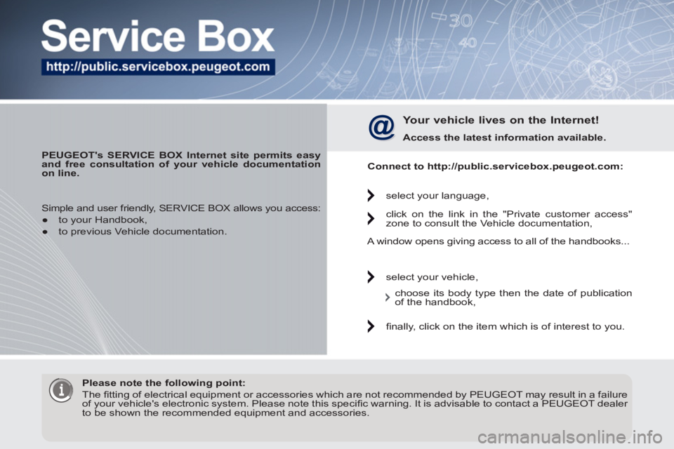 PEUGEOT 3008 HYBRID 4 2011  Owners Manual    
 
PEUGEOTs SERVICE BOX Internet site permits easy 
and free consultation of your vehicle documentation 
on line. 
 
 
 
Your vehicle lives on the Internet! 
 
 
Access the latest information avai