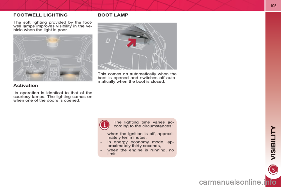 PEUGEOT 3008 HYBRID 4 2011  Owners Manual 105
  The lighting time varies ac-
cording to the circumstances:    This comes on automatically when the 
boot is opened and switches off auto-
matically when the boot is closed. 
BOOT LAMP  FOOTWELL 